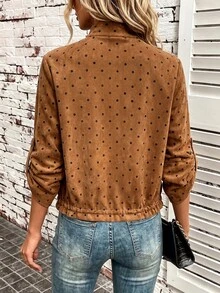 Balvessa Jaket Lengan Panjang Wanita Motif Polkadot dengan Resleting, Kasual, Serbaguna, untuk Perjalanan Sehari-hari - Coffee Brown - View 2