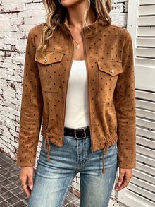 Balvessa Jaket Lengan Panjang Wanita Motif Polkadot dengan Resleting, Kasual, Serbaguna, untuk Perjalanan Sehari-hari - Coffee Brown - View 6