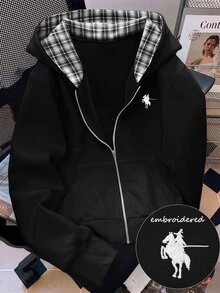 GlowEve CURVE 大尺碼女款春夏秋冬極簡時尚純色休閒長袖拼接格紋領拉鍊開襟連帽衛衣，附小馬印花，適合日常穿著 - 黑色 - 查看 1
