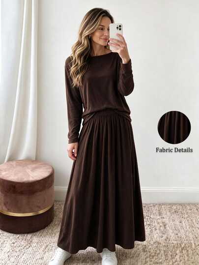Louniche Women's Autumn/Winter Casual Street Style Brushed Knit Brown Drop Shoulder Long Sleeve T-Shirt & Elastic Waist A-Line Knit Skirt 2-Piece Set