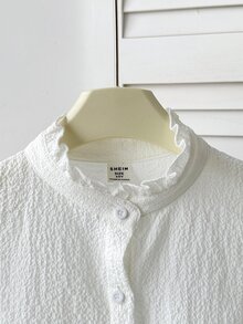SHEIN 青少年女孩編織純色荷葉邊休閒襯衫，女孩襯衫，襯衫，優雅襯衫，正式上衣，服飾，校園穿搭，白色上衣，返校穿搭，校服，女孩襯衫，襯衫，襯衫青少年女孩 - 白色 - 查看 5