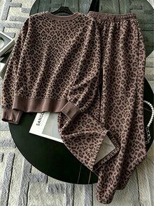 Franclia Women's 2-Piece Set, Loose Round Neck Sweatshirt, Loose Long Pants, Summer/Autumn Daily Home Wear Outfit, Leopard Print, Sexy Casual Style - Multicolor - View 2