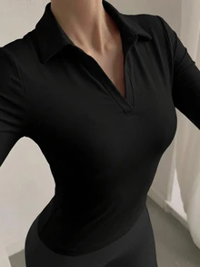 DAZY 女款休閒百搭純色長袖T恤，適合辦公商務，黑色，秋冬款 - 黑色 - 查看 6