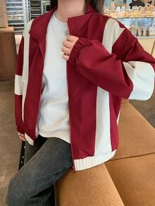 Dazy Plus 拼色拼接寬鬆街頭休閒字母印花紅色外套 春秋可愛上衣 - 紅色 - 查看 6