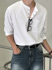 DAZY Spring/Autumn White Crew Neck Half-Button Front Patch Pocket Design Men's T-Shirt - White - View 3