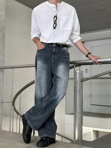 DAZY Spring/Autumn White Crew Neck Half-Button Front Patch Pocket Design Men's T-Shirt - White - View 6