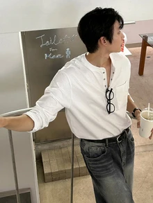 DAZY Spring/Autumn White Crew Neck Half-Button Front Patch Pocket Design Men's T-Shirt - White - View 5