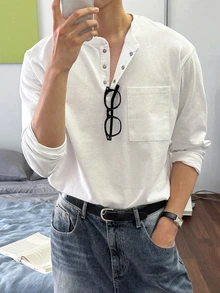 DAZY Spring/Autumn White Crew Neck Half-Button Front Patch Pocket Design Men's T-Shirt - White - View 2