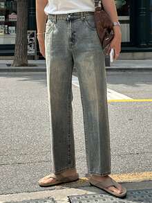 DAZY Men's Blue Washed Distressed Center Seam Slim Leg Jeans For Spring And Autumn Commute - Blue - View 1