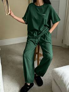 DAZY Letter Print Comfortable Soft 2 Pieces Women's Loungewear Set - Dark Green - View 5