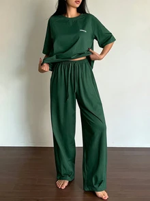 DAZY Letter Print Comfortable Soft 2 Pieces Women's Loungewear Set - Dark Green - View 4