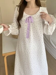 DAZY Ditsy Floral Tie Front Ruffle Trim Flounce Sleeve Sleep Dress - White - View 5