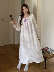 DAZY Ditsy Floral Tie Front Ruffle Trim Flounce Sleeve Sleep Dress - White - View 8
