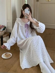 DAZY Ditsy Floral Tie Front Ruffle Trim Flounce Sleeve Sleep Dress - White - View 6