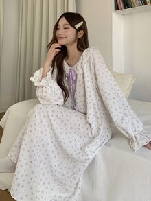 DAZY Ditsy Floral Tie Front Ruffle Trim Flounce Sleeve Sleep Dress - White - View 4