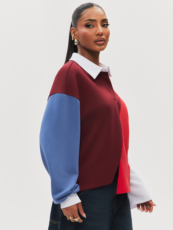 NYA SZN Yakalı Uzun Kollu Renk Bloklu Sweatshirt, Dışarı Çıkma, Doğum Günü Partisi, Sonbahar, Ofis Siren, Business Casual, Mavi, Günlük Casual