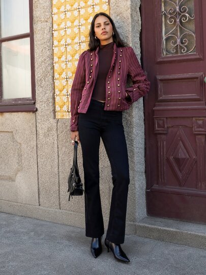Nöista Striped Print Button Front Winter Coat