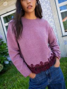 Nöista Pink Knit Sweater With Lace Hem And Round Neck, Long Sleeves. Fall, Winter, Autumn,College, University, Office, Cozy Everyday Look, Going Out,. - Dusty Pink - View 3