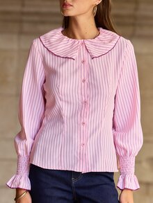 Nöista Pink Pinstripe Blouse With Ruffle Collar & Burgundy Contrast Stitch. Office, Back To School, Dinner, Weekends, Fall Autumn Winter Women's Outfit.. - Pink - View 3
