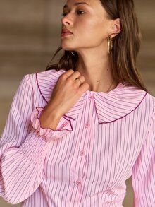 Nöista Pink Pinstripe Blouse With Ruffle Collar & Burgundy Contrast Stitch. Office, Back To School, Dinner, Weekends, Fall Autumn Winter Women's Outfit.. - Pink - View 2