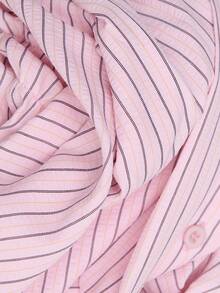 Nöista Pink Pinstripe Blouse With Ruffle Collar & Burgundy Contrast Stitch. Office, Back To School, Dinner, Weekends, Fall Autumn Winter Women's Outfit.. - Pink - View 10