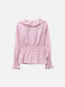 Nöista Pink Pinstripe Blouse With Ruffle Collar & Burgundy Contrast Stitch. Office, Back To School, Dinner, Weekends, Fall Autumn Winter Women's Outfit.. - Pink - View 8