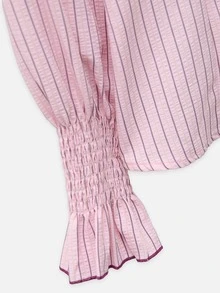 Nöista Pink Pinstripe Blouse With Ruffle Collar & Burgundy Contrast Stitch. Office, Back To School, Dinner, Weekends, Fall Autumn Winter Women's Outfit.. - Pink - View 9