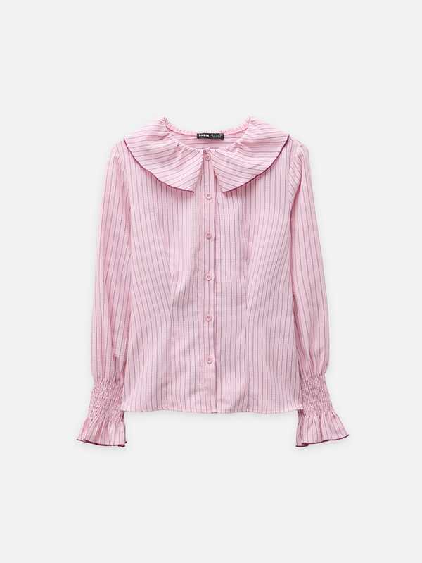 Nöista Pink Pinstripe Blouse With Ruffle Collar And Contrast Stitching Details. Feminine Design Perfect For Office Wear, Back To School