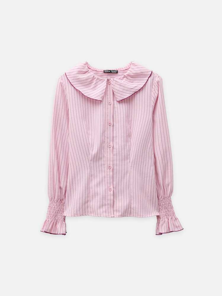 Nöista Pink Pinstripe Blouse With Ruffle Collar & Burgundy Contrast Stitch. Office, Back To School, Dinner, Weekends, Fall Autumn Winter Women's Outfit.. - Pink - View 1