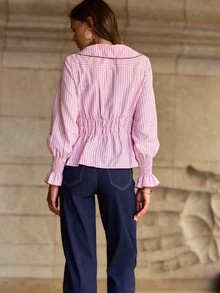 Nöista Pink Pinstripe Blouse With Ruffle Collar & Burgundy Contrast Stitch. Office, Back To School, Dinner, Weekends, Fall Autumn Winter Women's Outfit.. - Pink - View 5