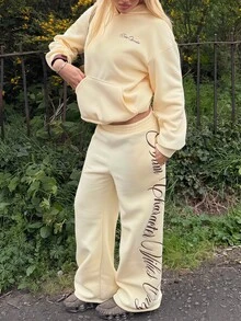 SHEIN 青少年女孩字母印花長袖連帽衛衣與運動長褲休閒套裝 - 黃色 - 查看 2