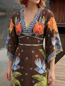 CAJUNI Women's Fashion Vacation Floral Palm Tree Embroidered Dress For Beach - Mocha Brown - View 4