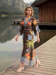 CAJUNI Women's Fashion Vacation Floral Palm Tree Embroidered Dress For Beach - Mocha Brown - View 3