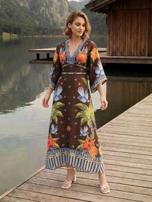 CAJUNI Women's Fashion Vacation Floral Palm Tree Embroidered Dress For Beach - Mocha Brown - View 5