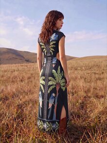CAJUNI Women's Vacation Palm Tree & Parrot Print Side Slit Dress - Black - View 2