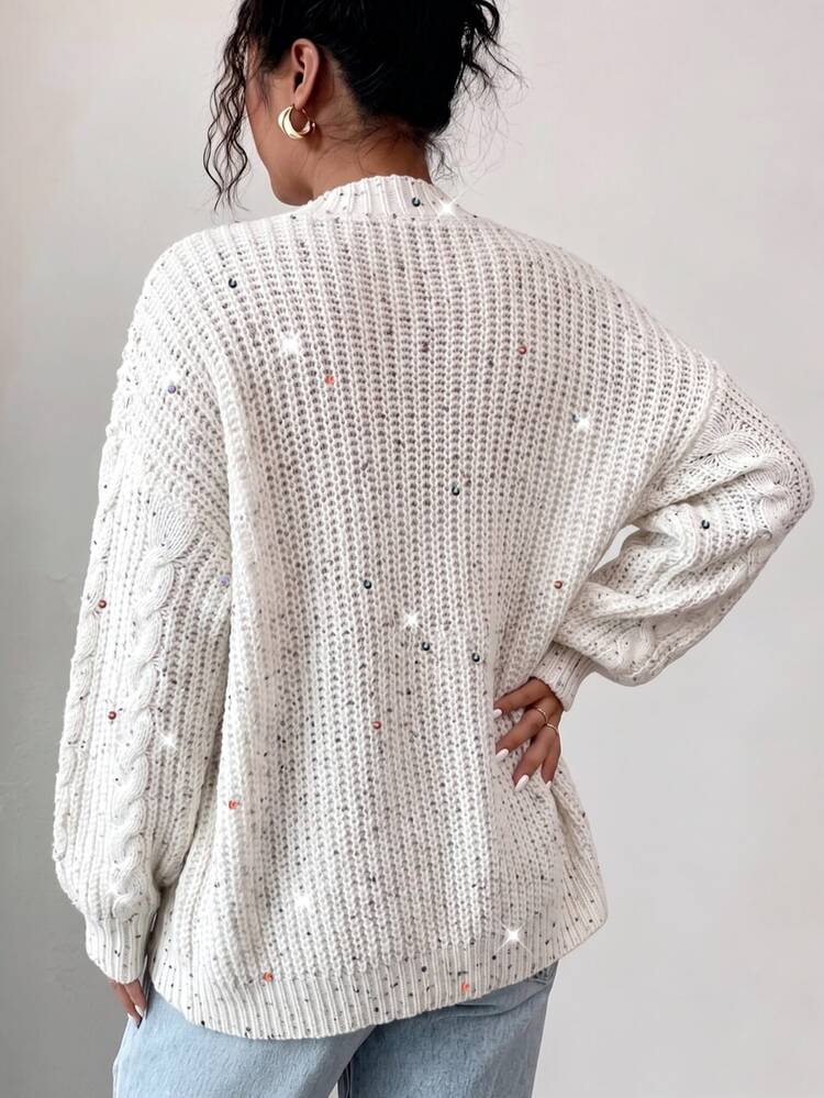 SHEIN Raffinéa Sequin Detail Drop Shoulder Cardigan - Beige - View 2