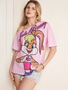 LOONEY TUNES X SHEIN 女款字母卡通印花不對稱肩休閒百搭日常出遊T恤 - 粉色 - 查看 3