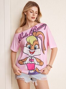 LOONEY TUNES X SHEIN 女款字母卡通印花不對稱肩休閒百搭日常出遊T恤 - 粉色 - 查看 4