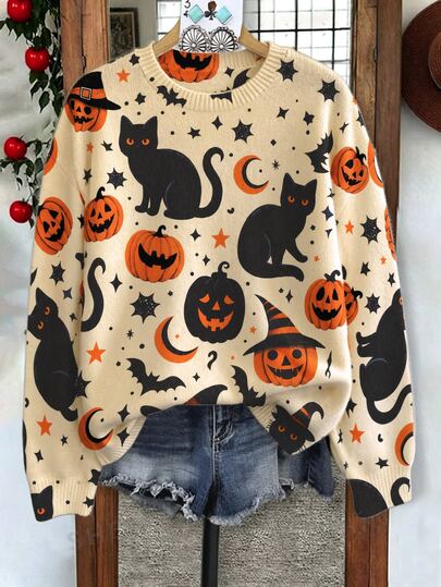 Linhara Top de punto holgado de cuello redondo para mujer talla grande, estilo casual minimalista y versátil, estampado aleatorio de gato negro, calabaza, estrella y luna, para otoño/invierno