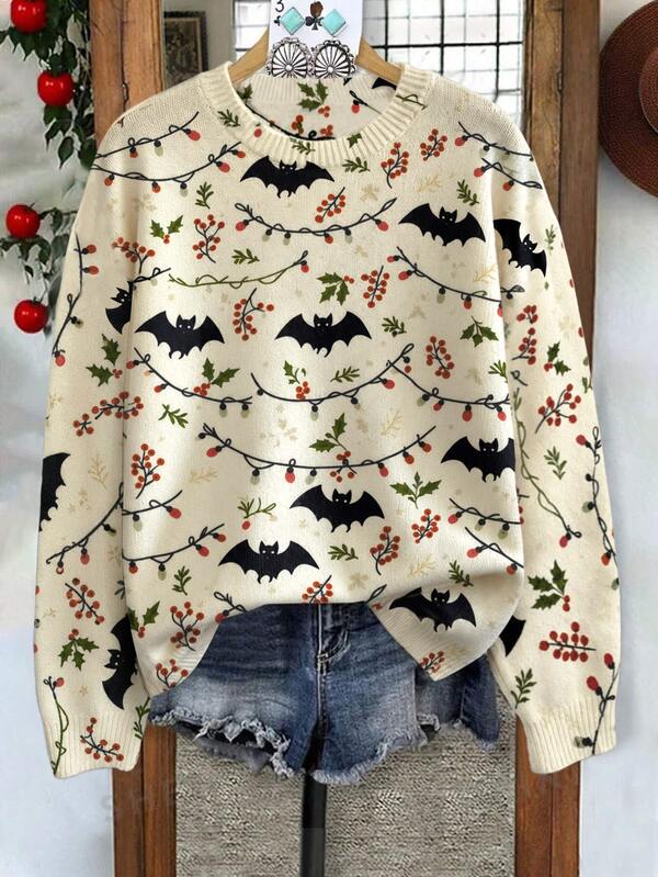 Linhara CURVE Plus Size Women's Autumn/Winter Casual Minimalist Versatile Retro Style Halloween Bat Berry Branch Leaf All-Over Random Print Crew Neck Loose Knit Top Suitable For Autumn/Winter Wear