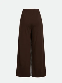 SHEIN Tween女孩秋冬休閒居家服修身U領長袖藍白針織細條紋3D蝴蝶結T恤上衣與配套直筒寬腿長褲2件套舒適彈性針織條紋運動服 - 棕色 - 查看 2