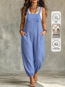 Linhara CURVE Plus Size Women's Spring Summer Elegant Fashion Commute Striped Pocket Drawstring Jumpsuit - Blue - View 1