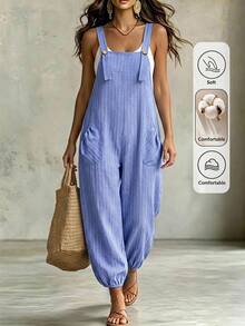 Linhara CURVE Plus Size Women's Spring Summer Elegant Fashion Commute Striped Pocket Drawstring Jumpsuit - Blue - View 8