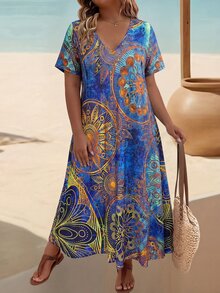 EMERY ROSE Plus Size V-Neck Short Sleeve Floral Print Elegant Loose Dress, For Thanksgiving Maxi Women Outfit - Multicolor - View 5