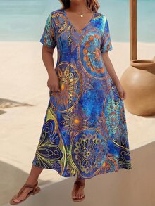 EMERY ROSE Plus Size V-Neck Short Sleeve Floral Print Elegant Loose Dress, For Thanksgiving Maxi Women Outfit - Multicolor - View 6