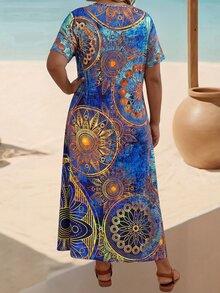 EMERY ROSE Plus Size V-Neck Short Sleeve Floral Print Elegant Loose Dress, For Thanksgiving Maxi Women Outfit - Multicolor - View 2