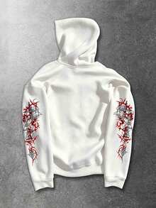 ROMWE MEN Goth Men's Casual Daily Long Sleeve Hoodie Sweatshirt With Letter & Angel Graphic - White - View 4