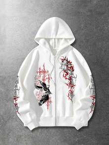 ROMWE MEN Goth Men's Casual Daily Long Sleeve Hoodie Sweatshirt With Letter & Angel Graphic - White - View 3