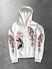 ROMWE MEN Goth Men's Casual Daily Long Sleeve Hoodie Sweatshirt With Letter & Angel Graphic - White - View 1