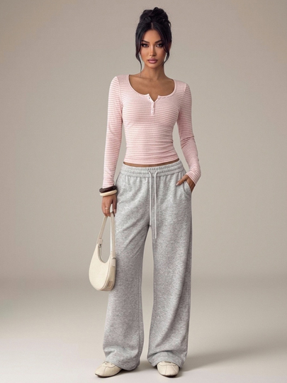 SHEIN PETITE Women's Blend Pink And White Striped Half Zip T-Shirt, Autumn, Top Lounge Casual